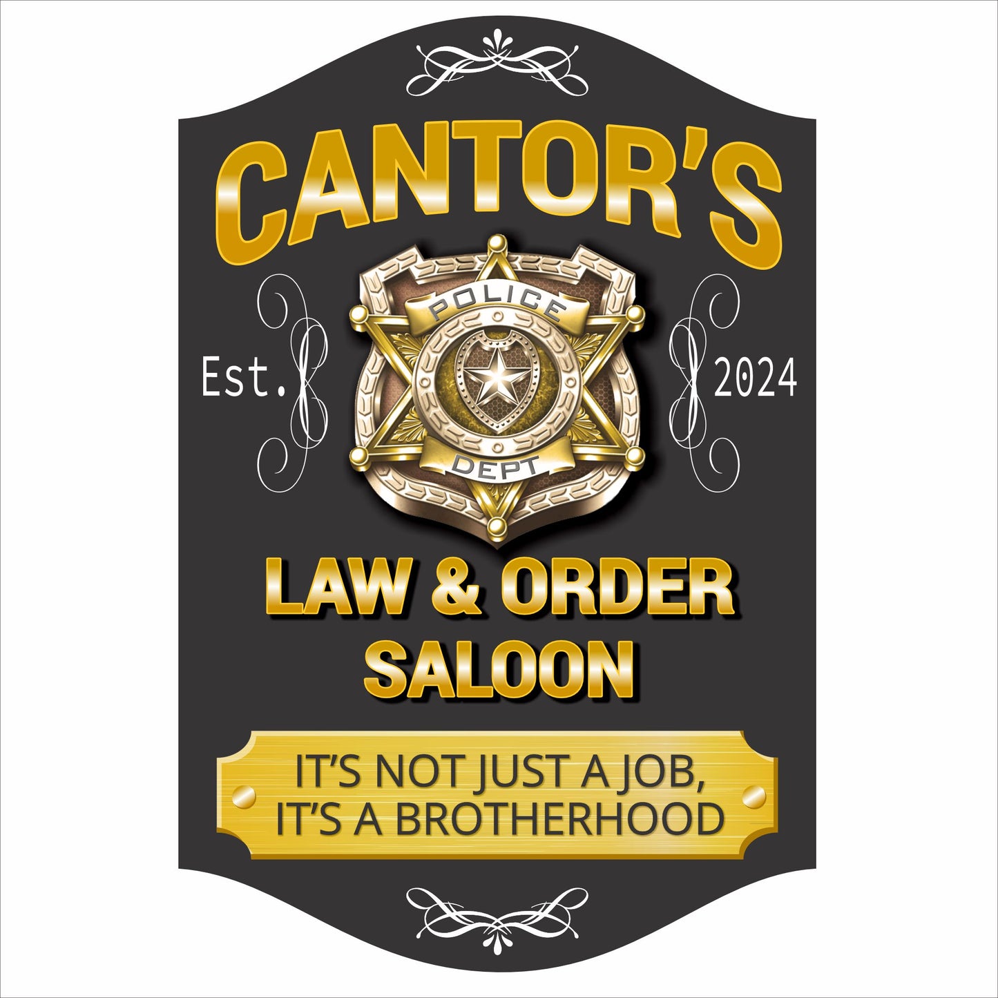 Personalized police bar sign with badge emblem, custom name, and law enforcement saloon theme