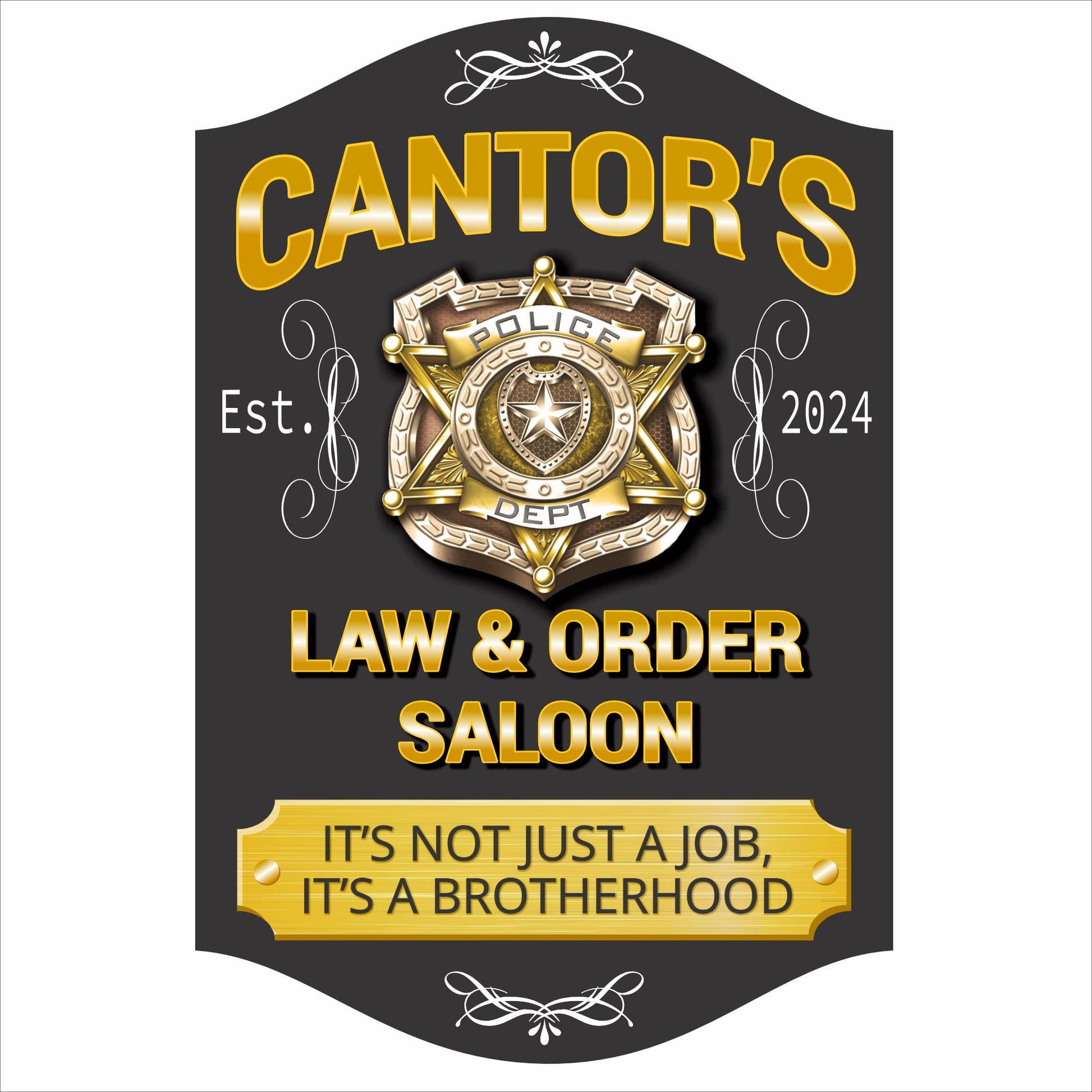 Personalized police bar sign with badge emblem, custom name, and law enforcement saloon theme