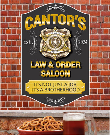 Custom Law & Order themed bar sign with editable police badge and text, ideal for personalizing with name and establishment date.