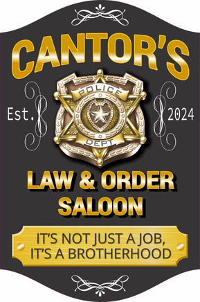 Custom Law & Order themed bar sign with editable police badge and text, ideal for personalizing with name and establishment date.