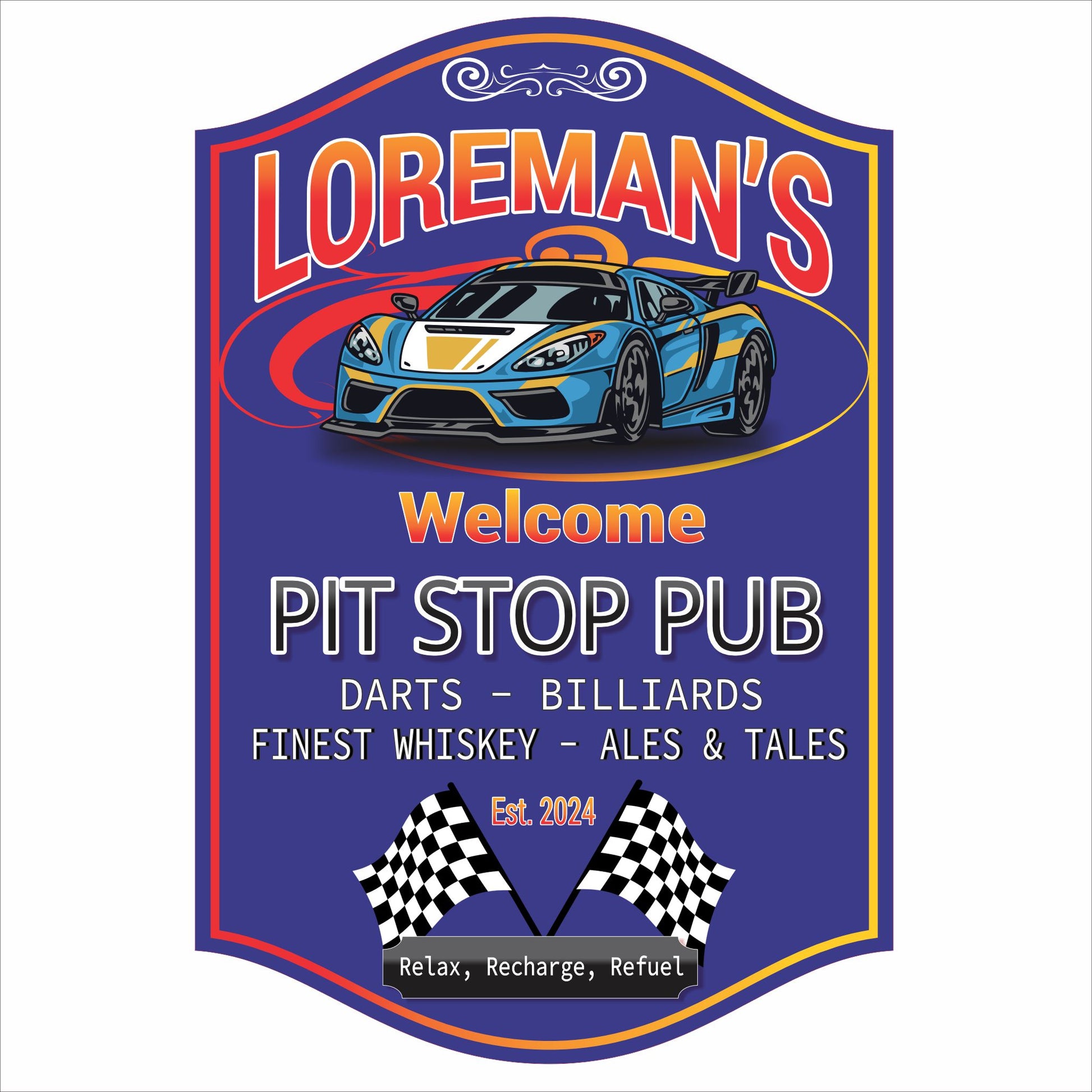 Personalized racing bar sign with sports car, checkered flags, and Pit Stop Pub design
