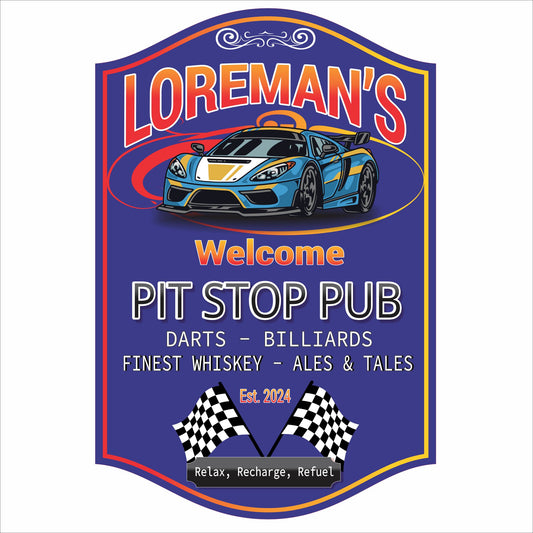 Personalized racing bar sign with sports car, checkered flags, and Pit Stop Pub design