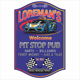 Personalized racing bar sign with sports car, checkered flags, and Pit Stop Pub design