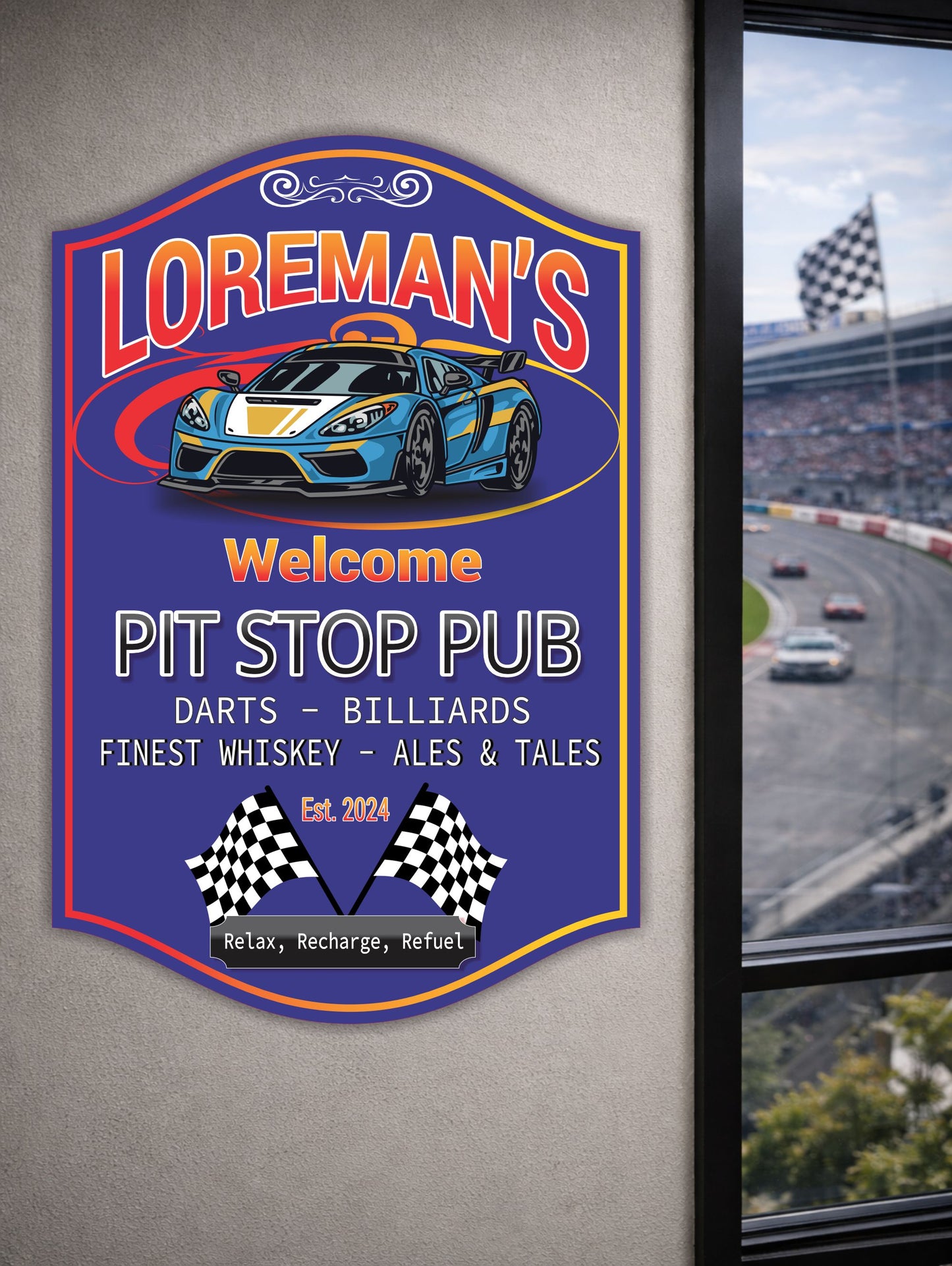 Custom racing pub sign displayed in a modern bar setting near a racetrack window
