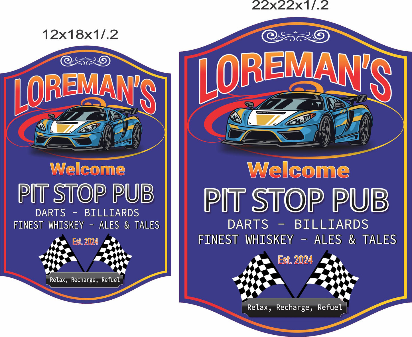 Personalized racing bar sign shown in 12x18 and 16x22 inch size options