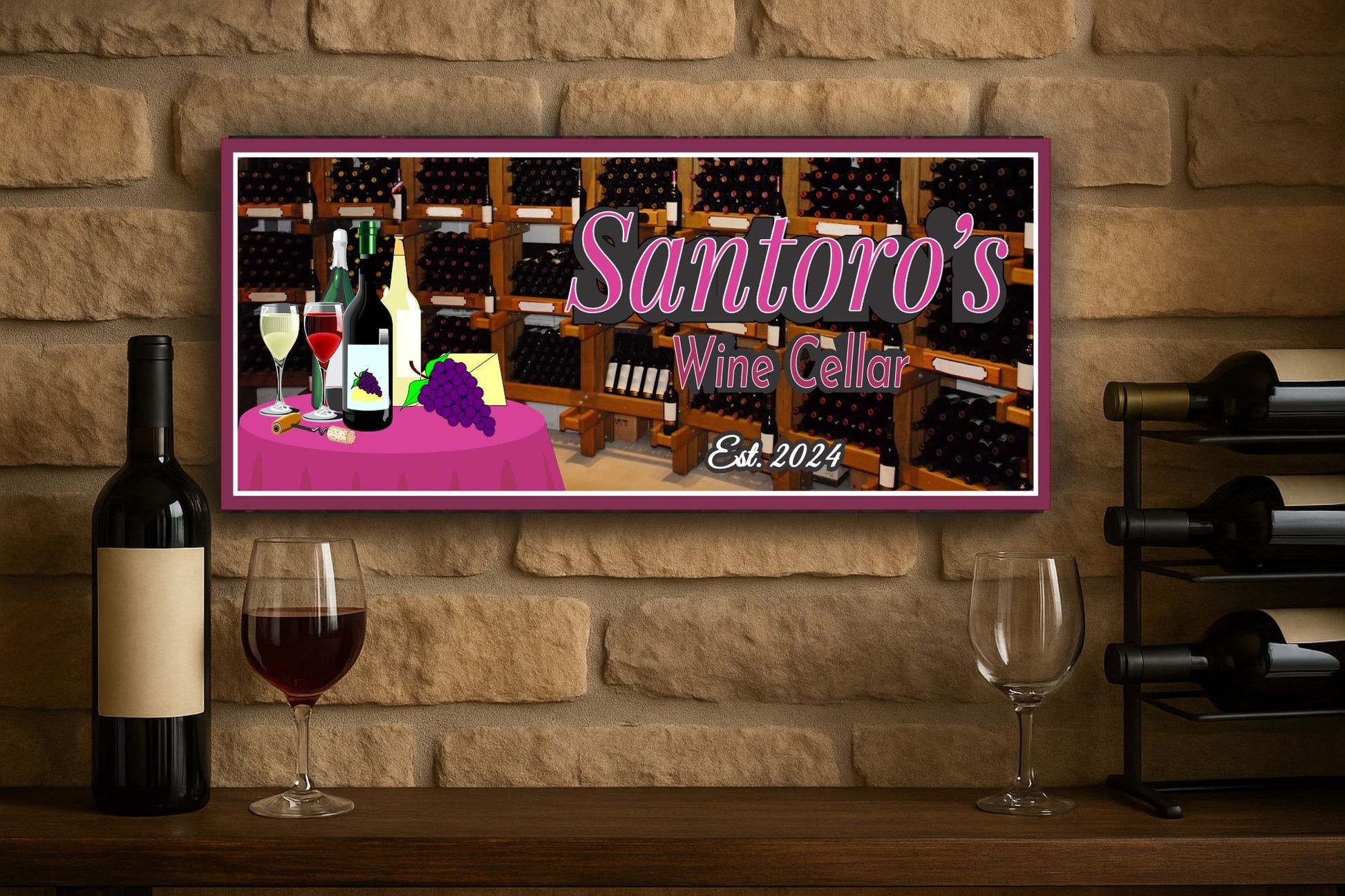 Custom wine cellar sign displayed on a stone wall above a home bar with wine bottles and glassware