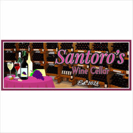 Wine Cellar Personalized Sign with Grapes, Wine Glasses & Shelves Full of Wine Bottles