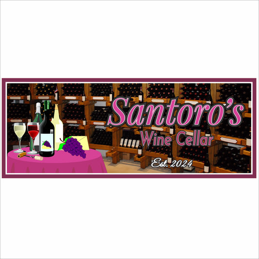 Personalized wine cellar sign with wine bottles and grape design on a vineyard-themed background