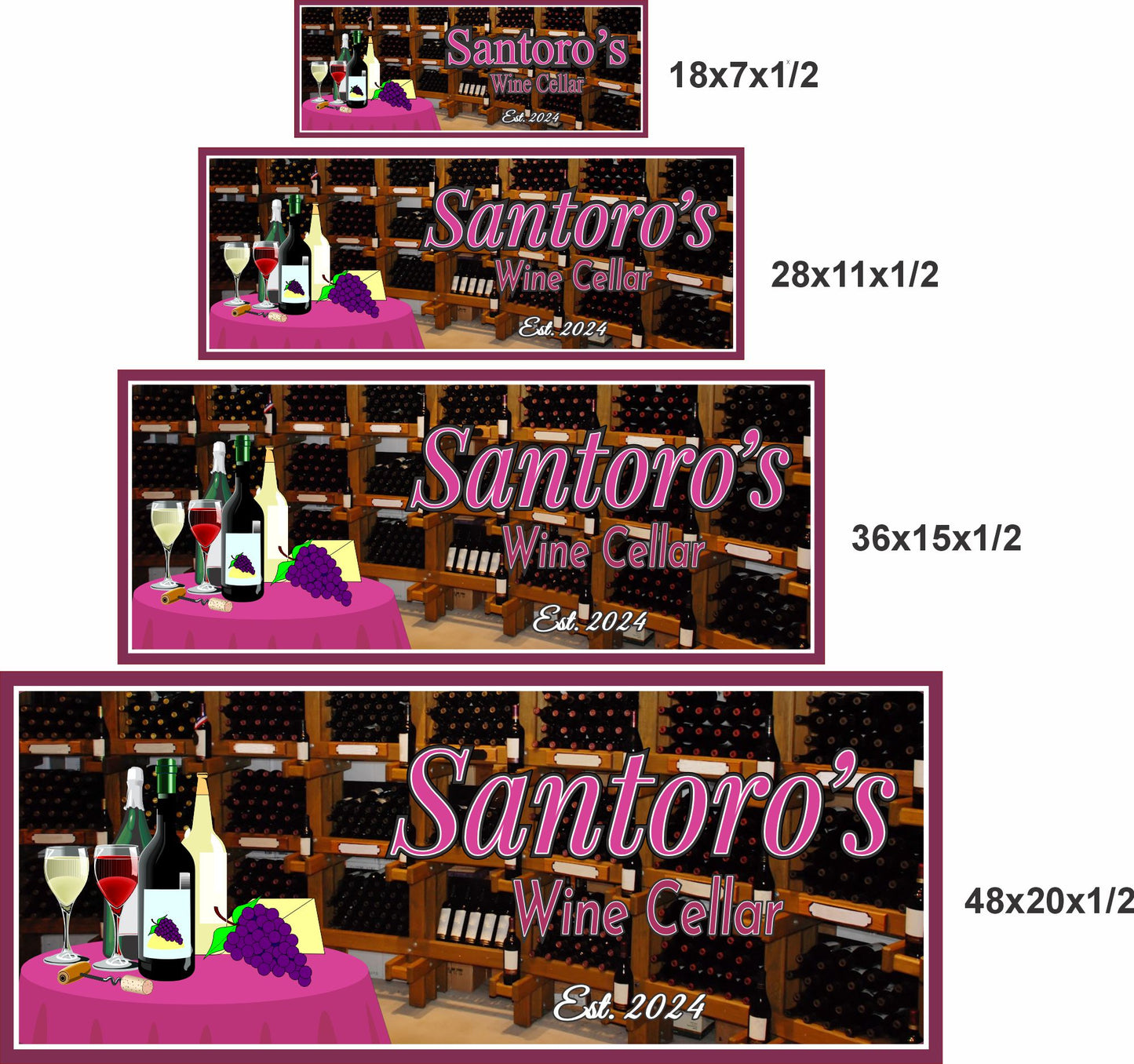 Personalized wine cellar sign shown in four available sizes for wall decor comparison