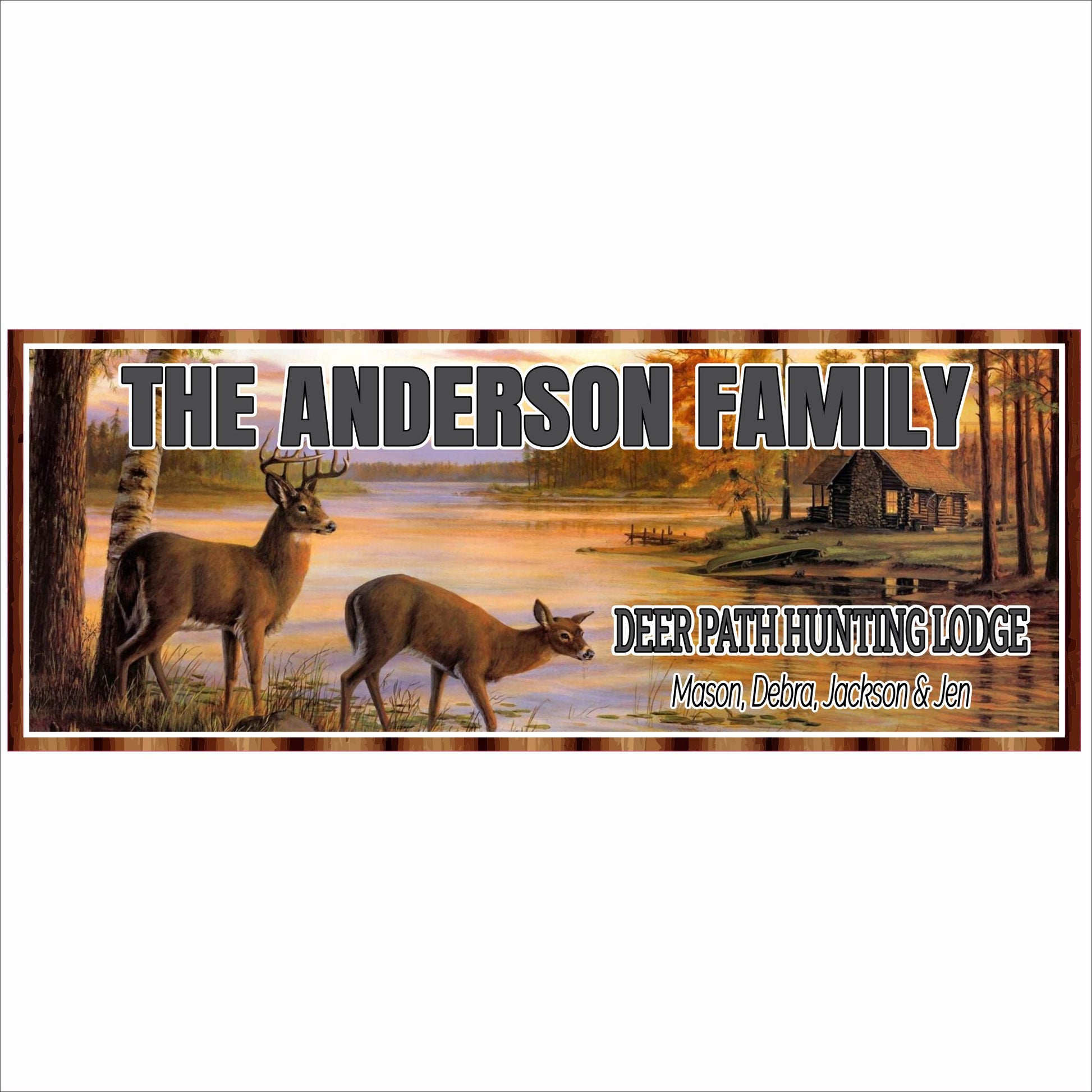 Close-up of personalized hunting lodge sign with deer, lake, log cabin, and woodland scenery