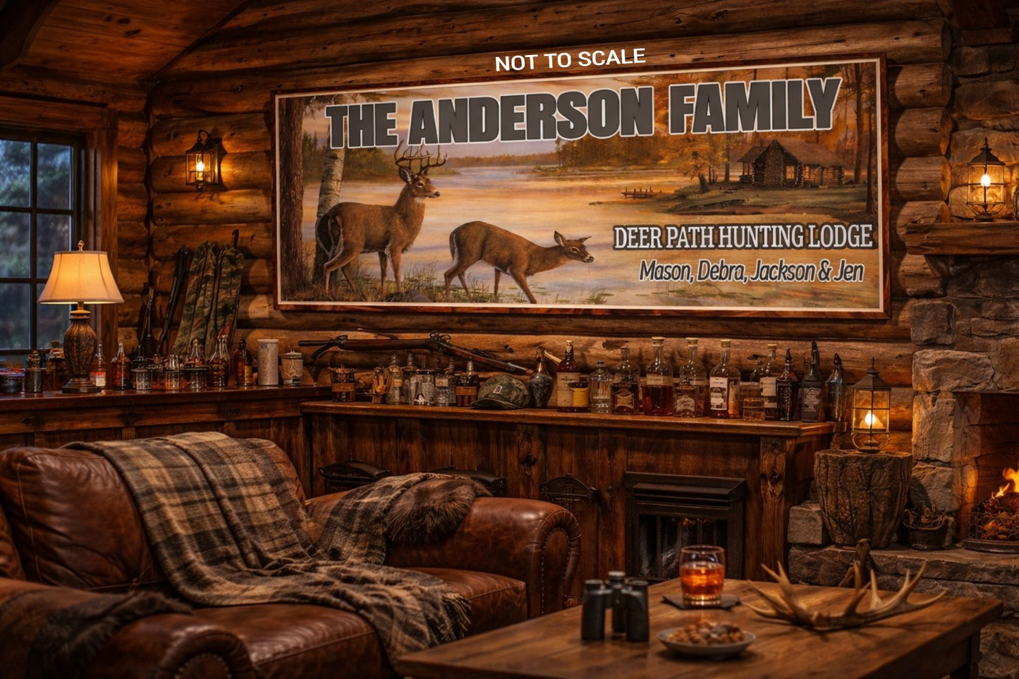 Lifestyle image showing personalized hunting lodge sign mounted inside a rustic log cabin with fireplace and hunting décor