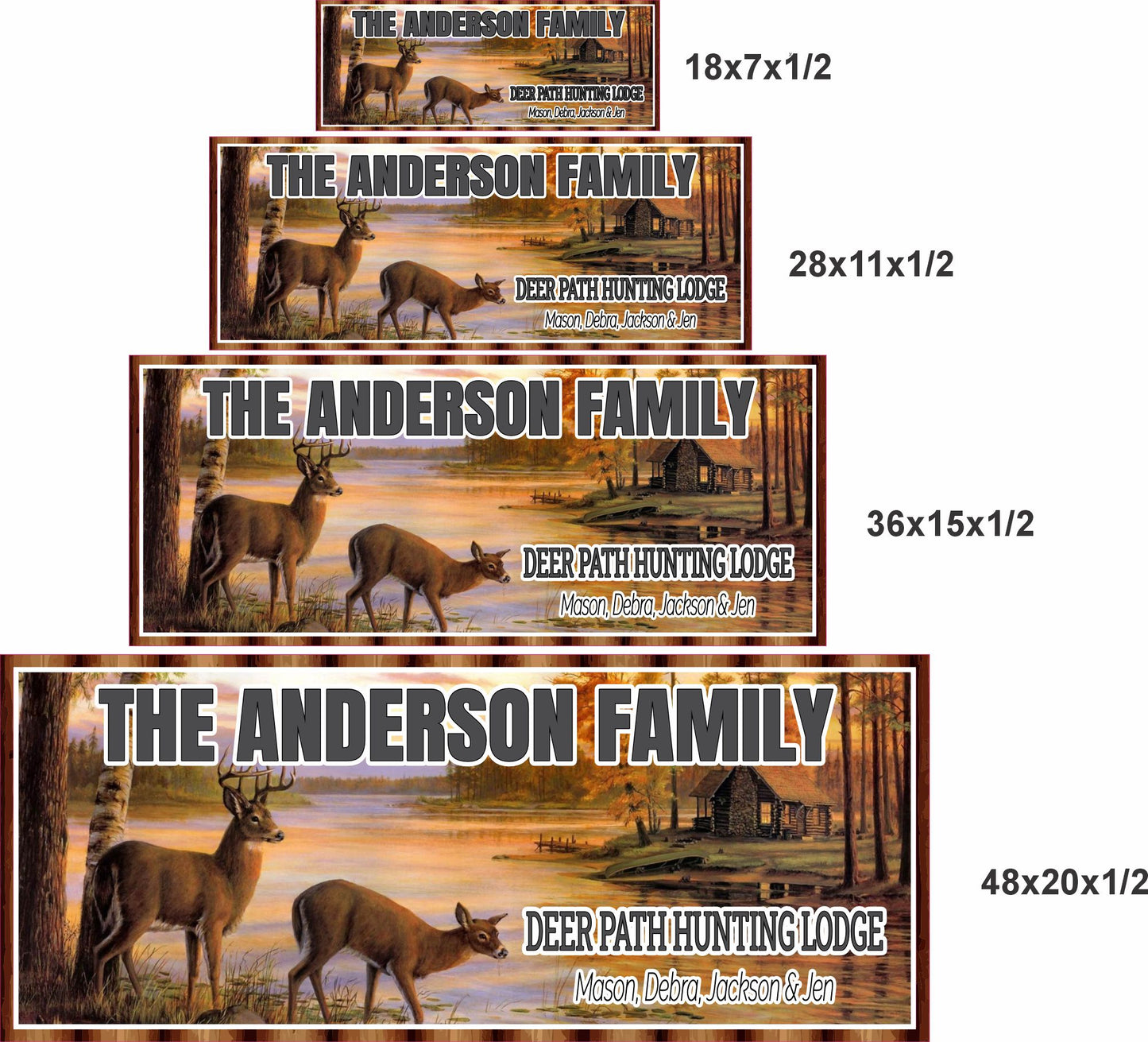 4 sizes comparison image showing personalized hunting lodge sign in 18x7, 28x11, 36x15, and 48x20 inch options