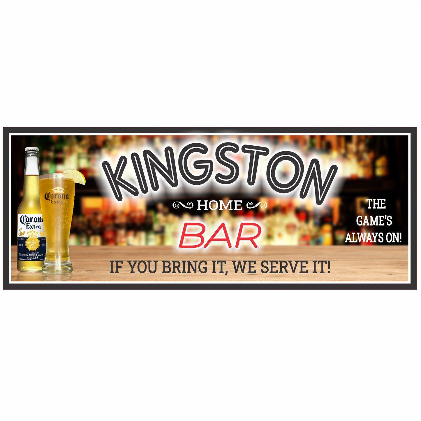 Close-up of personalized home bar sign with glowing bar-style lettering, beer bottle graphic, and customizable text