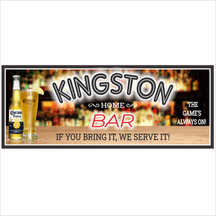 Close-up of personalized home bar sign with glowing bar-style lettering, beer bottle graphic, and customizable text