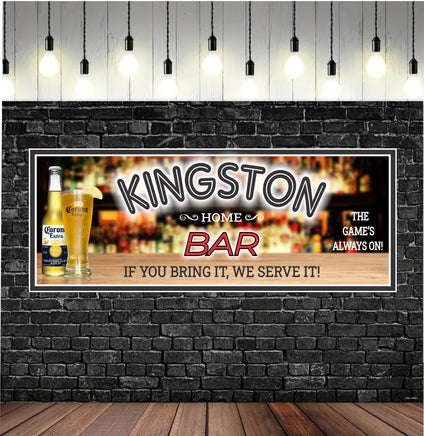 Personalized bar sign featuring 'If You Bring It We Serve It' text with a liquor shelf and bar counter background.