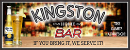 Personalized bar sign featuring 'If You Bring It We Serve It' text with a liquor shelf and bar counter background.