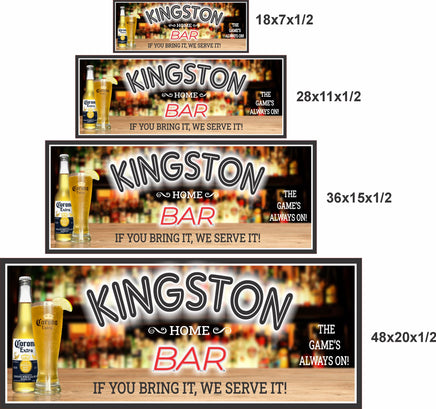 4 sizes comparison image showing personalized home bar sign in 18x7, 28x11, 36x15, and 48x20 inch options