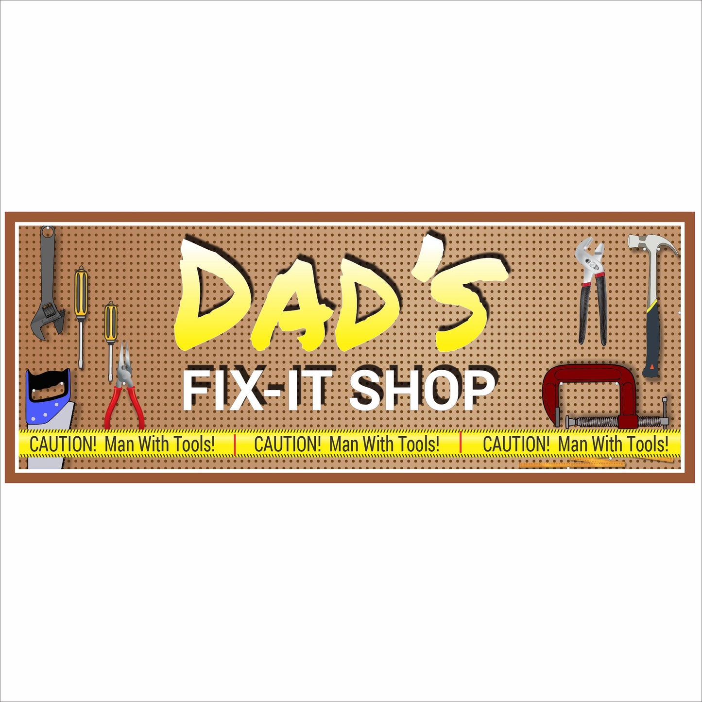 Close-up of personalized garage workshop sign with pegboard background, yellow lettering, and illustrated tools