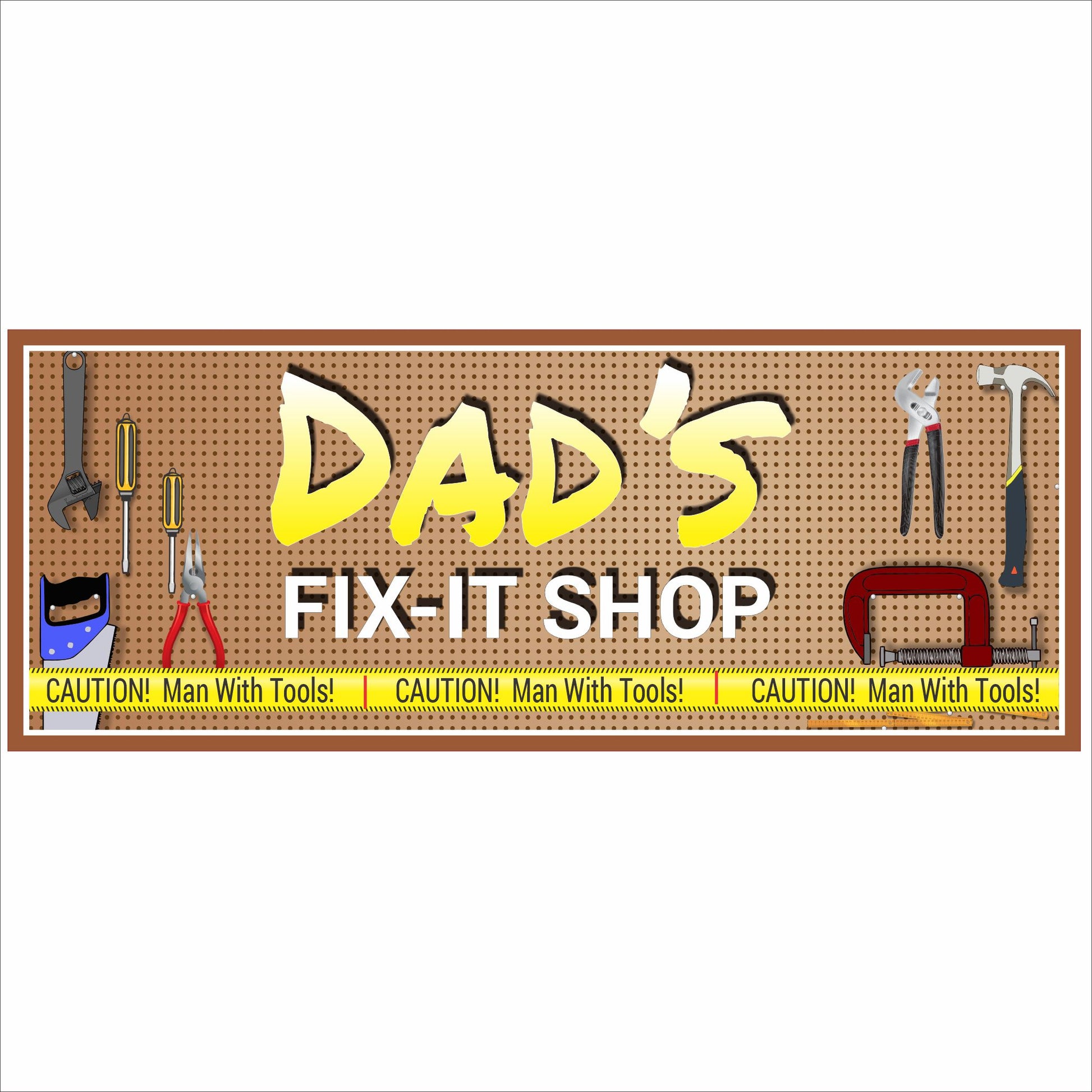 Close-up of personalized garage workshop sign with pegboard background, yellow lettering, and illustrated tools