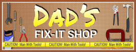 Personalized 'Dad’s Fix It Shop' sign with an editable text feature, showcasing tools on a pegboard background and yellow caution tape accents.