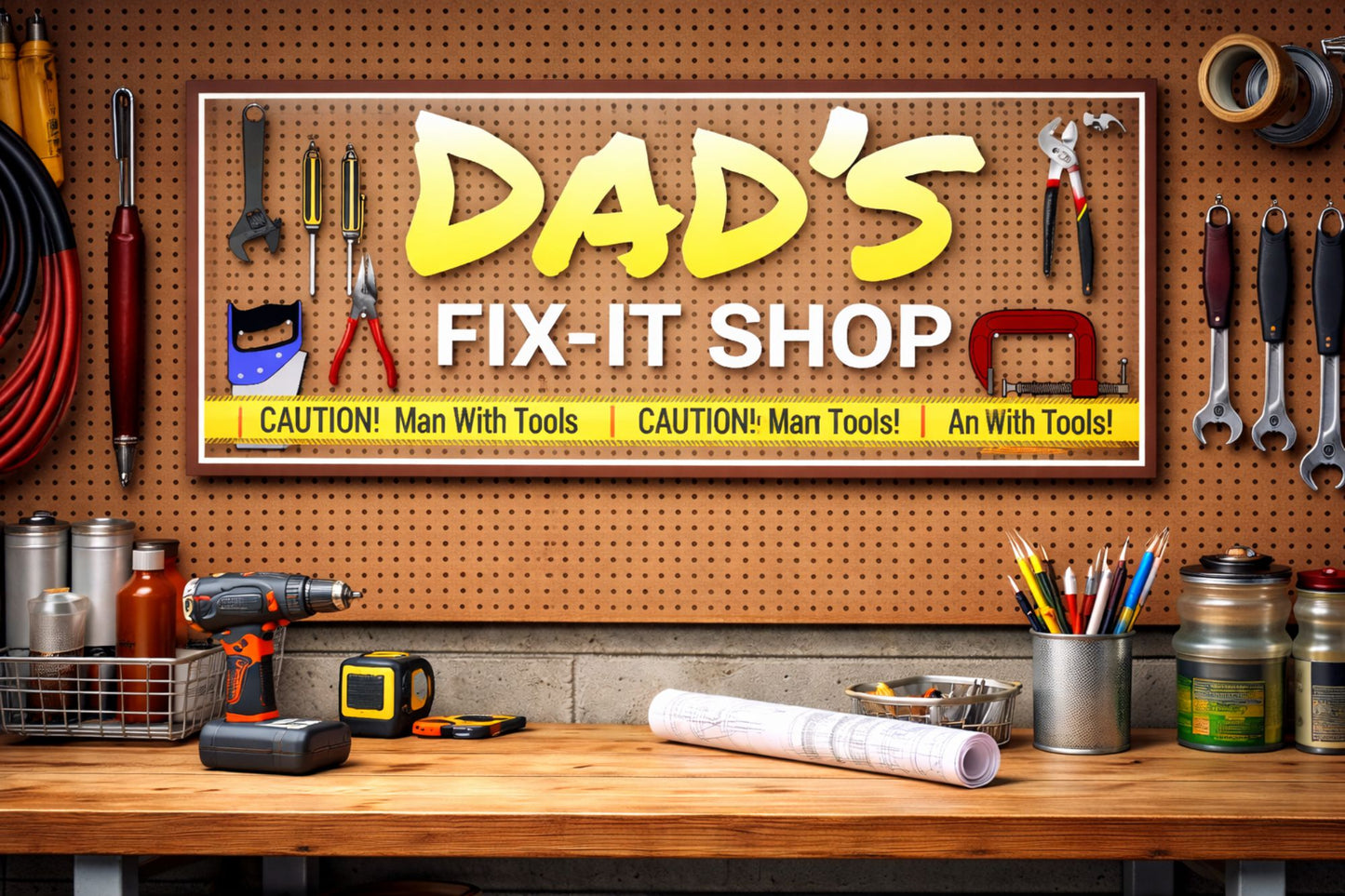 Lifestyle image showing personalized fix-it shop sign mounted on a garage pegboard wall above a workbench with tools