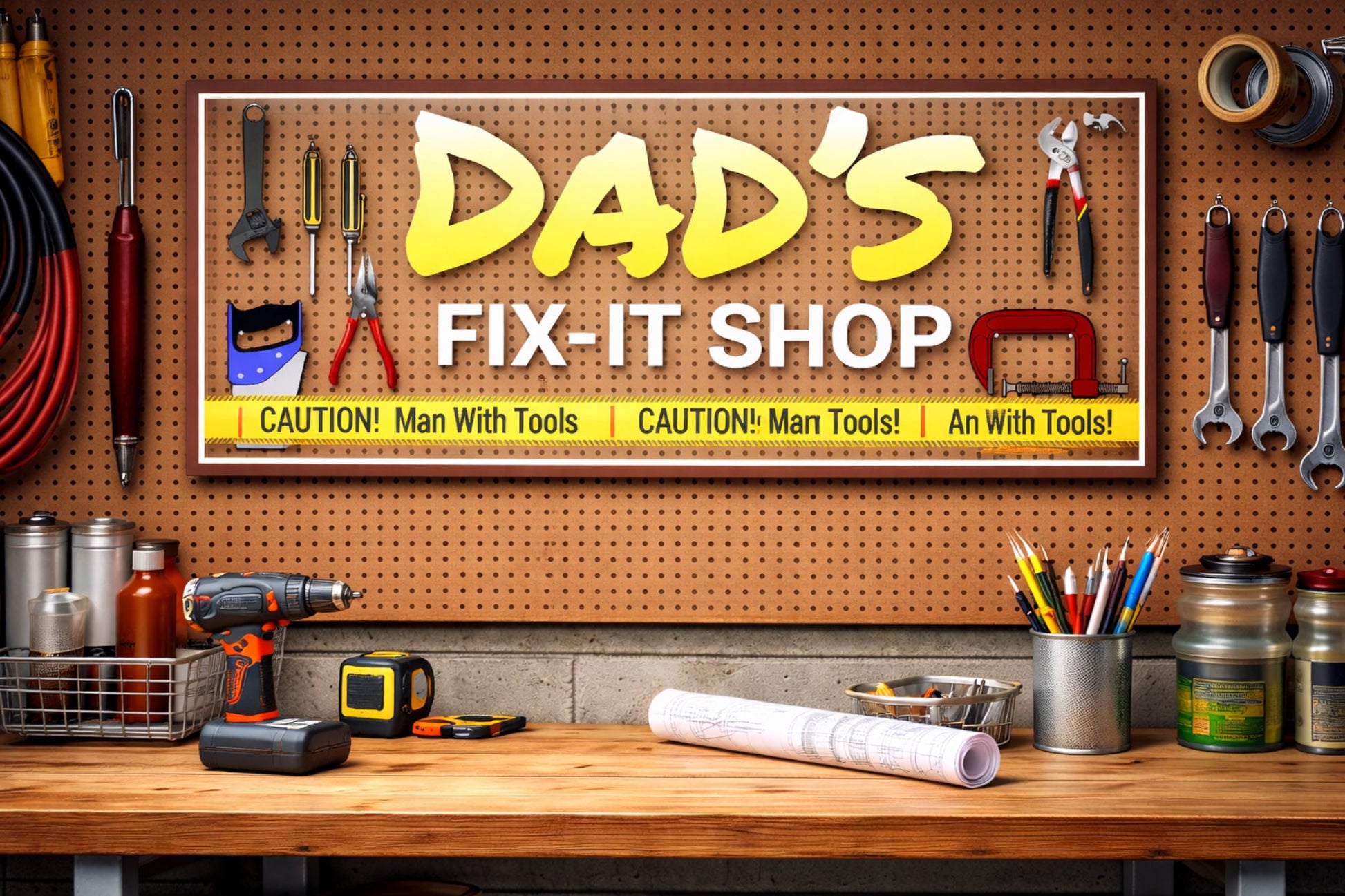 Lifestyle image showing personalized fix-it shop sign mounted on a garage pegboard wall above a workbench with tools