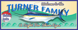 Personalized 'Fishin' Hole Welcome Sign' featuring a custom fish and bobber illustration with editable text options.