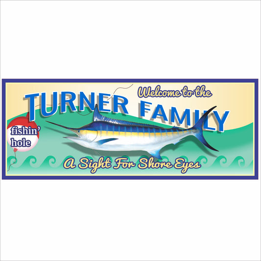Personalized fishing sign with customizable fish design and nautical colors