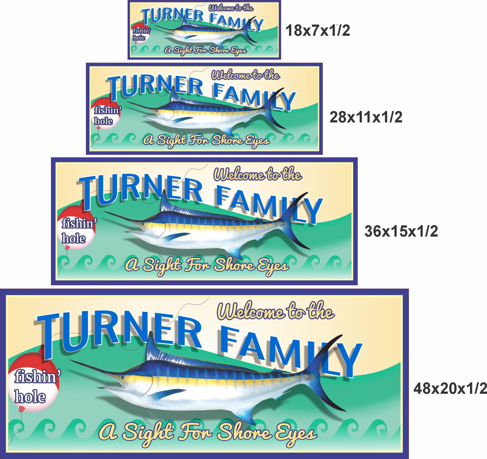 Fishing sign shown in multiple size options for wall display