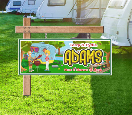 Personalized RV sign featuring a couple barbecuing shish kabobs by a stream with their camper nearby, customizable with names, special message, and hair color changes.
