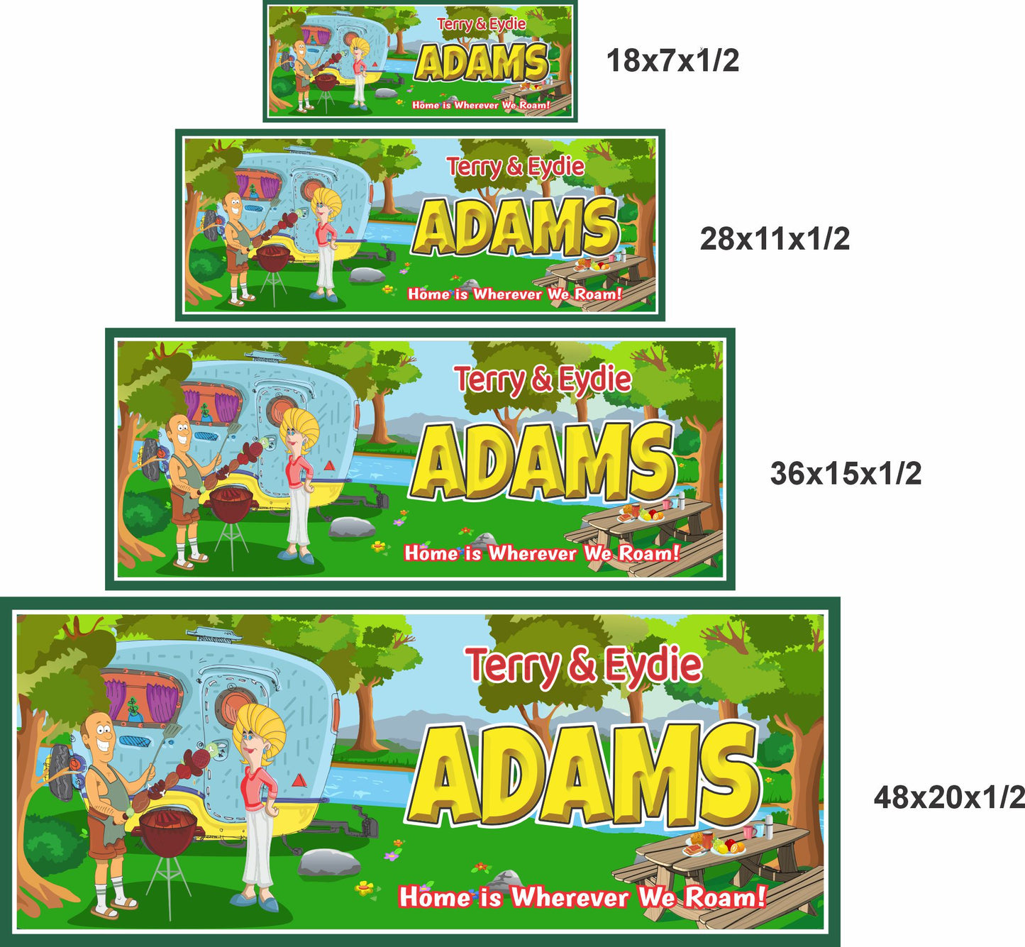 4 sizes comparison image showing personalized RV camping sign in 18x7, 28x11, 36x15, and 48x20 inch size options