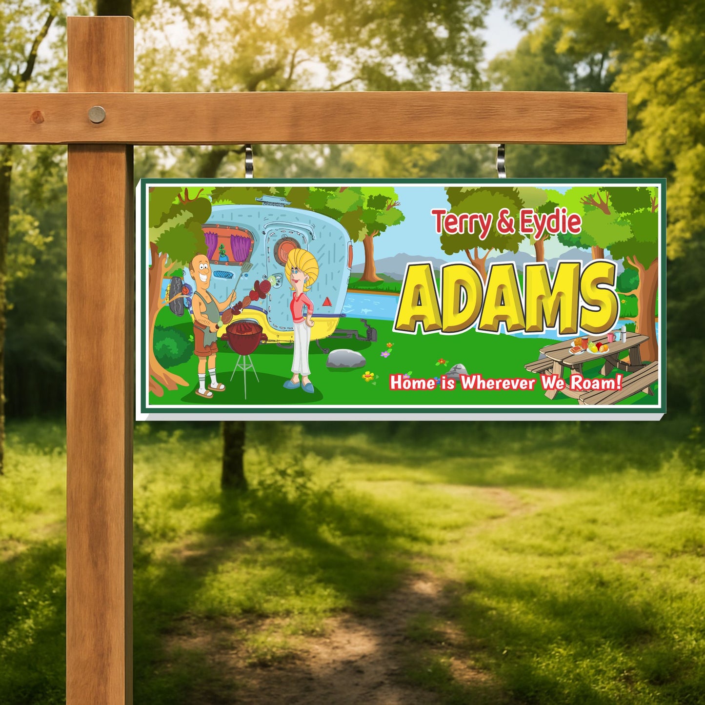 Lifestyle image showing personalized RV camping sign mounted on wooden post in grassy campground setting 