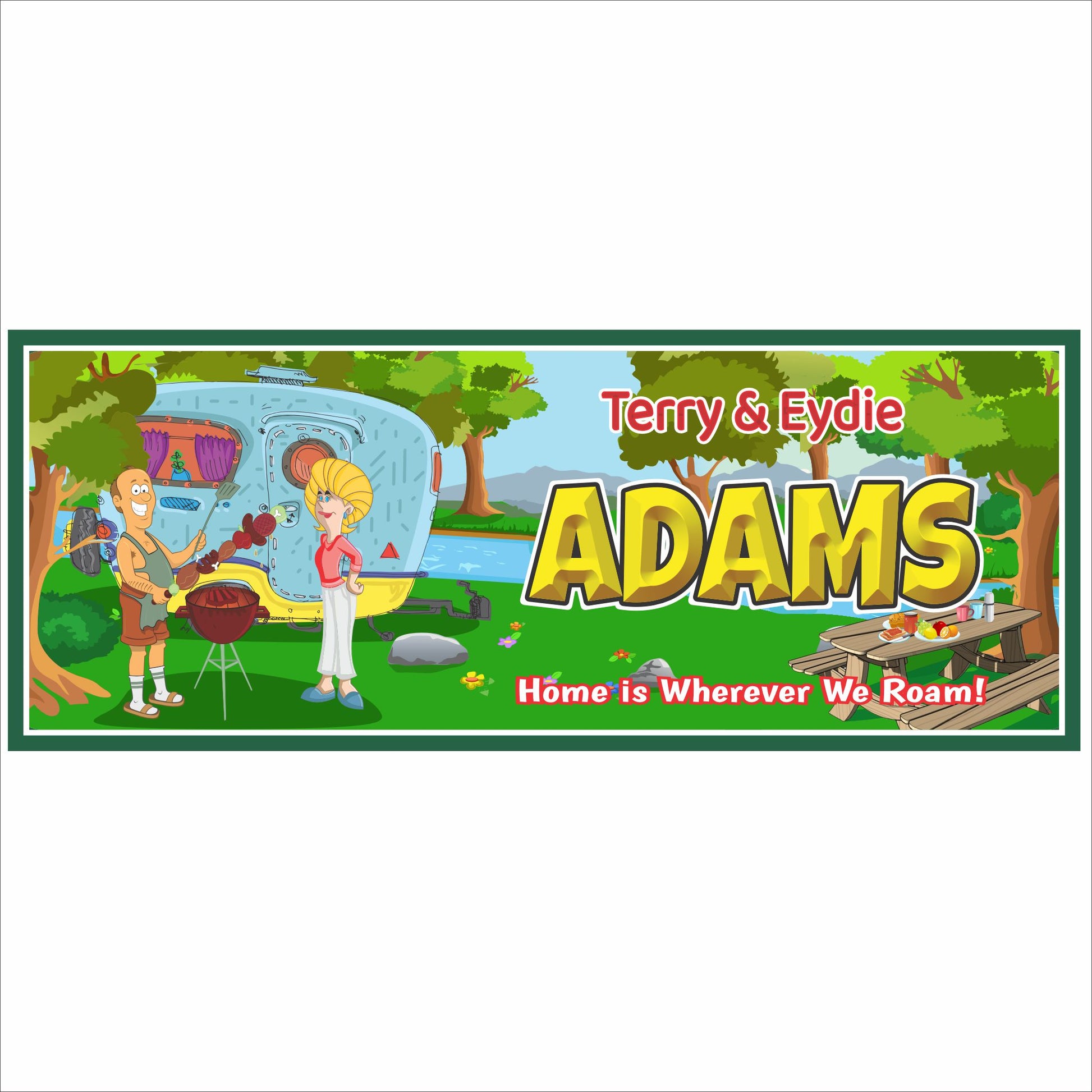 Close-up of personalized RV camping sign with illustrated family, travel trailer, campfire, trees, and customizable family name and tagline