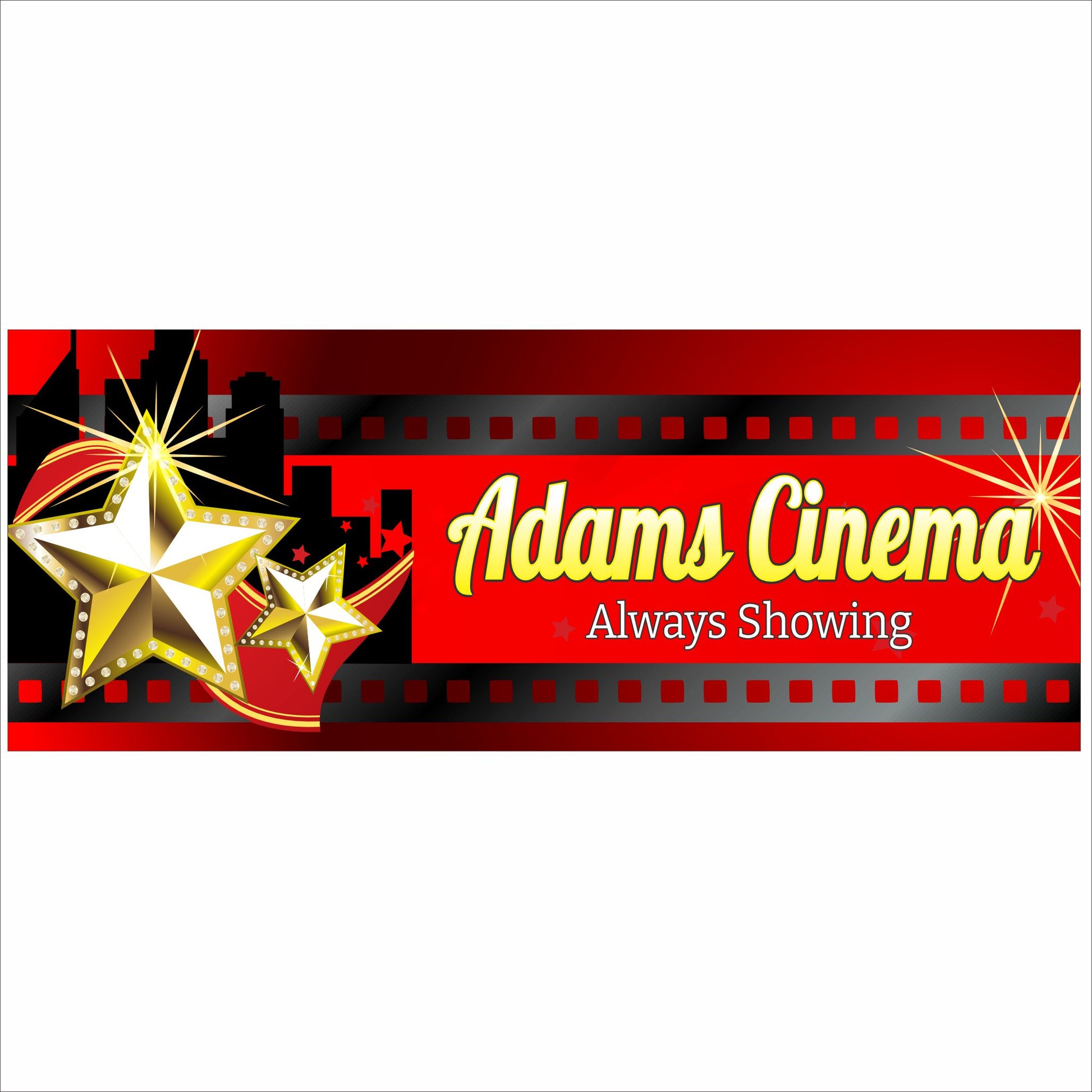 Close-up of personalized home theater sign with cinema marquee design, filmstrip border, gold stars, and customizable family name text