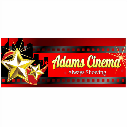 Close-up of personalized home theater sign with cinema marquee design, filmstrip border, gold stars, and customizable family name text