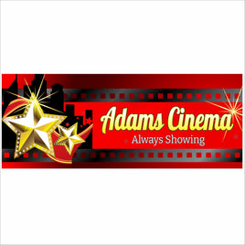 Close-up of personalized home theater sign with cinema marquee design, filmstrip border, gold stars, and customizable family name text