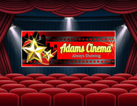 Personalized home theater sign featuring golden stars, a red film strip, and a city skyline silhouette.