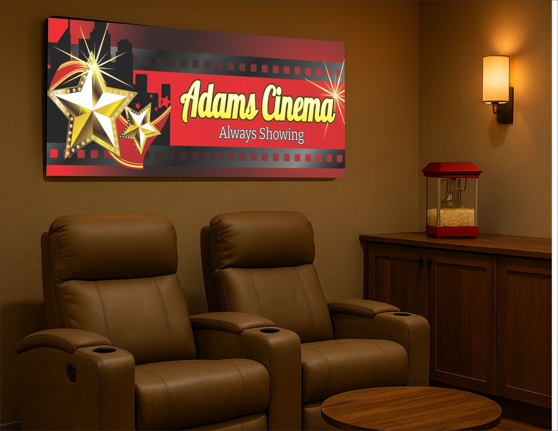 Lifestyle image showing personalized home theater sign mounted on wall above leather movie chairs in a cozy home cinema room