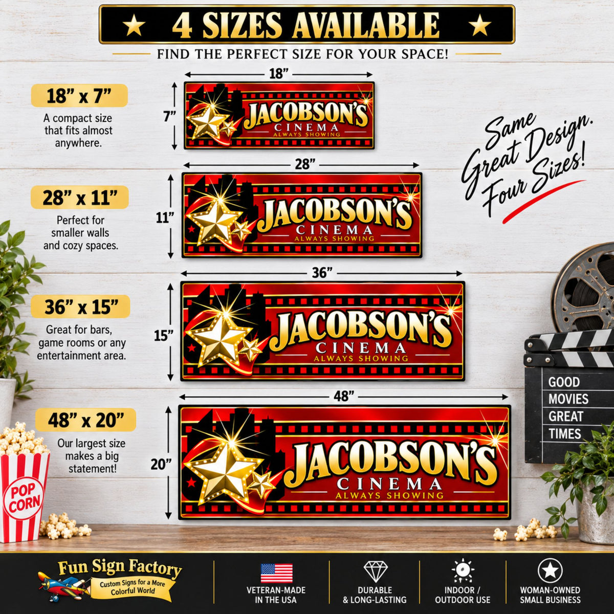 Four-size comparison for personalized theater sign in 18x7, 28x11, 36x15 and 48x20 inches.