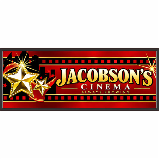 Personalized red black and gold home theater sign with Hollywood stars, filmstrip border and three customizable text lines.
