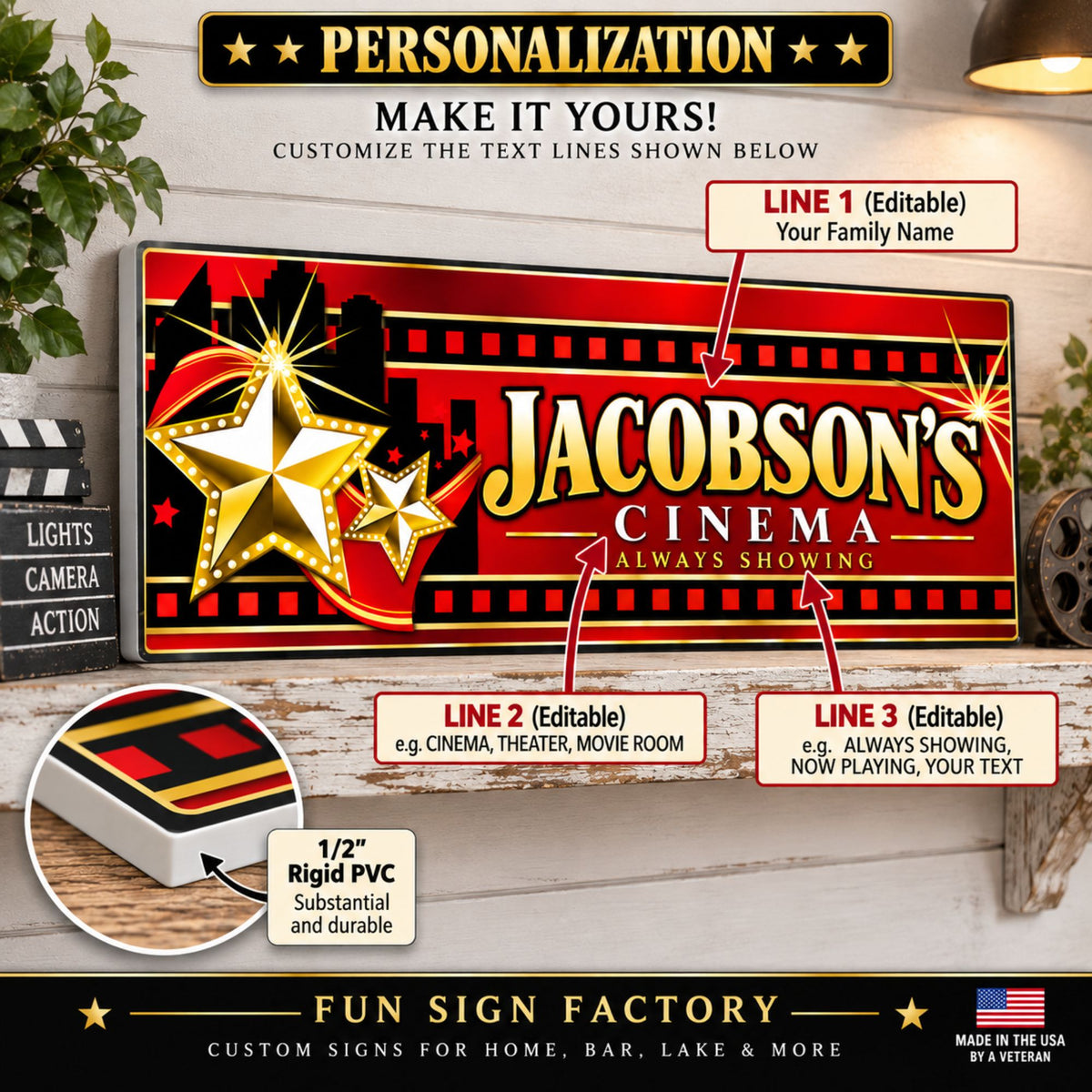 Personalization guide showing the three editable text lines on the custom home theater cinema sign.