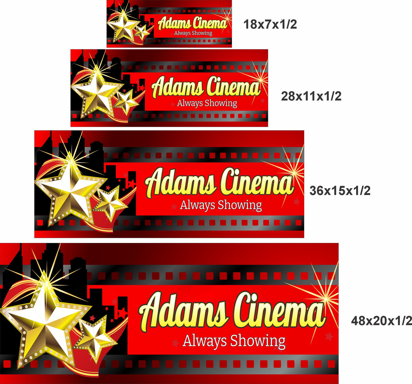 4 sizes comparison image showing personalized home theater sign in 18x7, 28x11, 36x15, and 48x20 inch size options for custom movie room wall decor