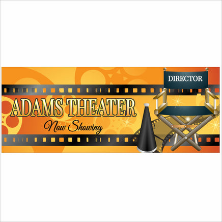 Personalized home theater sign with filmstrip design and director chair graphic