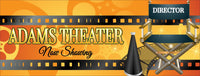 Personalized home theater sign featuring a film reel, director's chair, and megaphone with customizable text on two lines and the chair, surrounded by a film strip border.