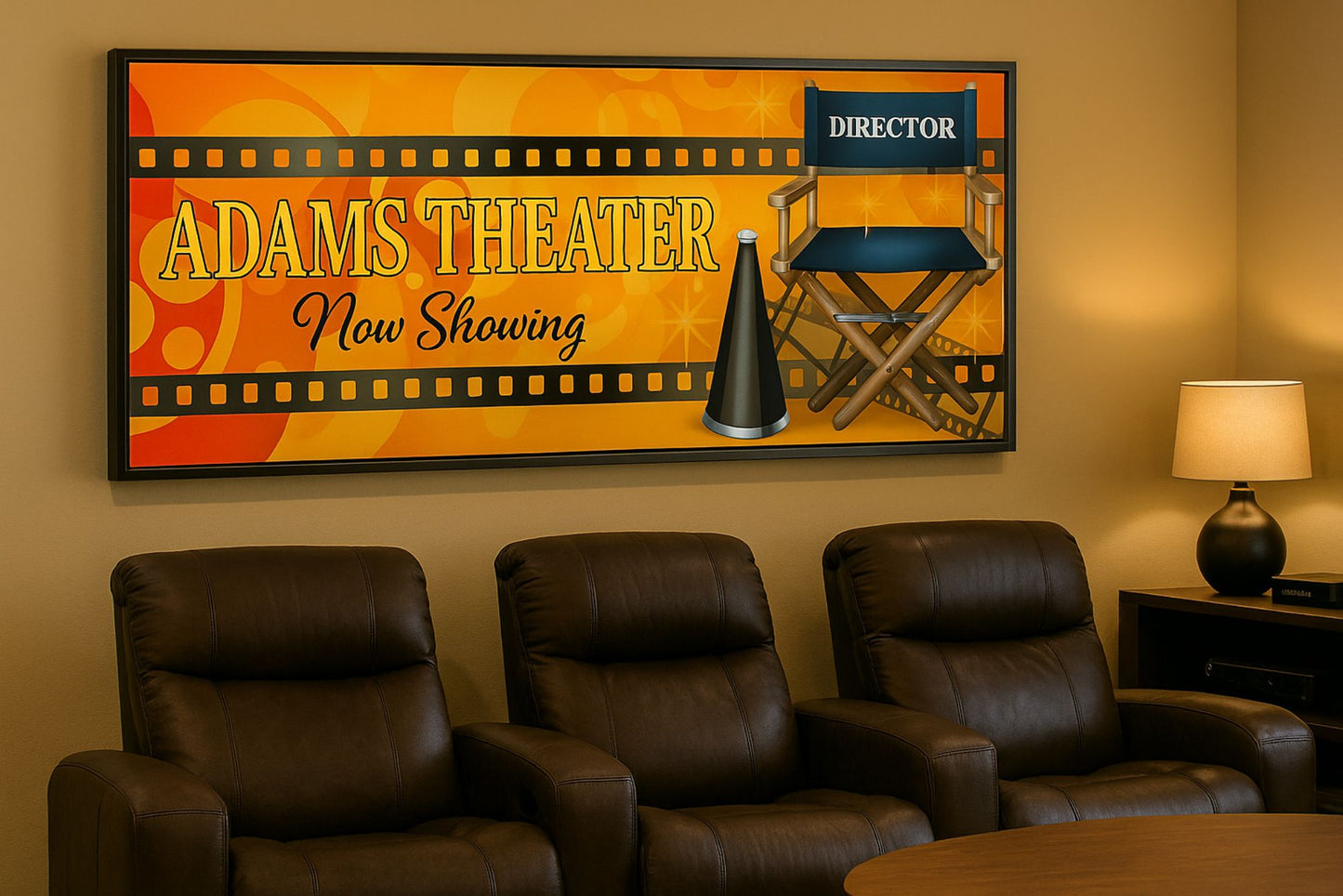 Personalized home theater sign mounted on a wall above theater seating