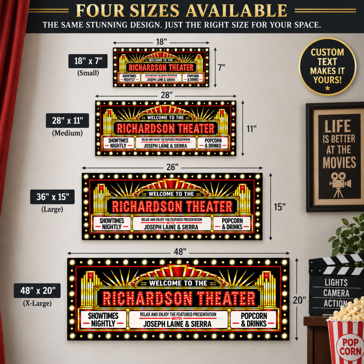 Size comparison showing theater signs in 18 × 7, 28 × 11, 36 × 15 and 48 × 20 inches.