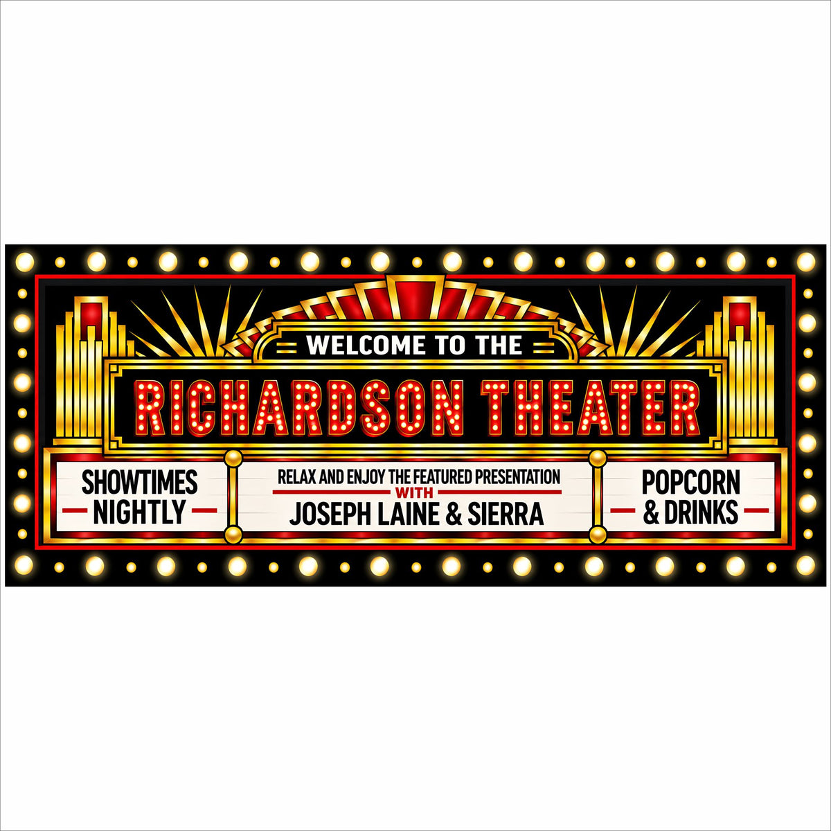 Personalized Art Deco home theater sign with red, black and gold vintage cinema marquee design.