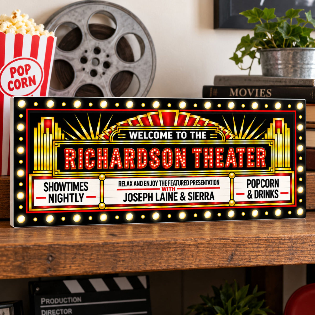 Personalized Art Deco home theater sign displayed on a shelf with classic movie-themed décor.