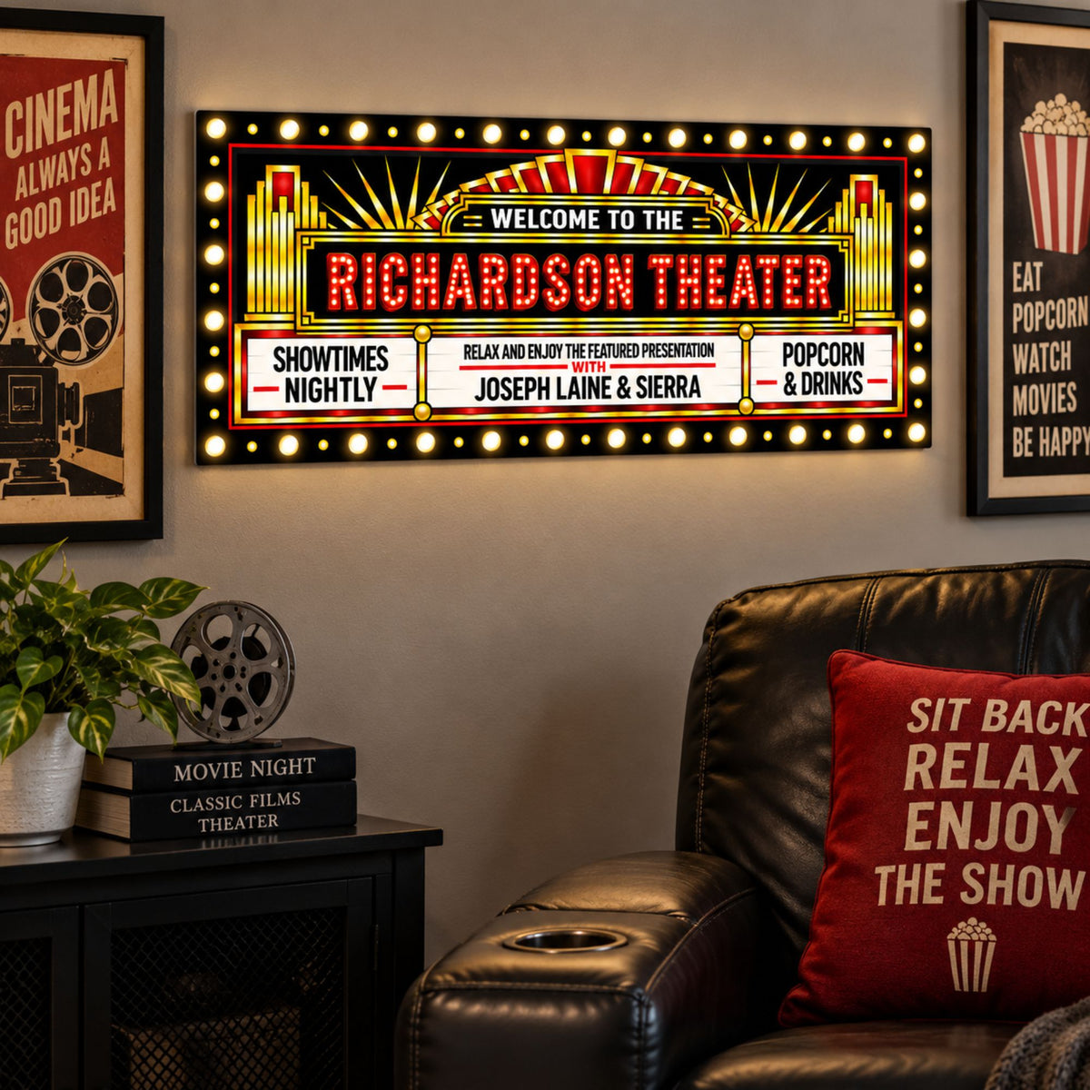 Custom Art Deco cinema marquee sign displayed on the wall of a home theater room.
