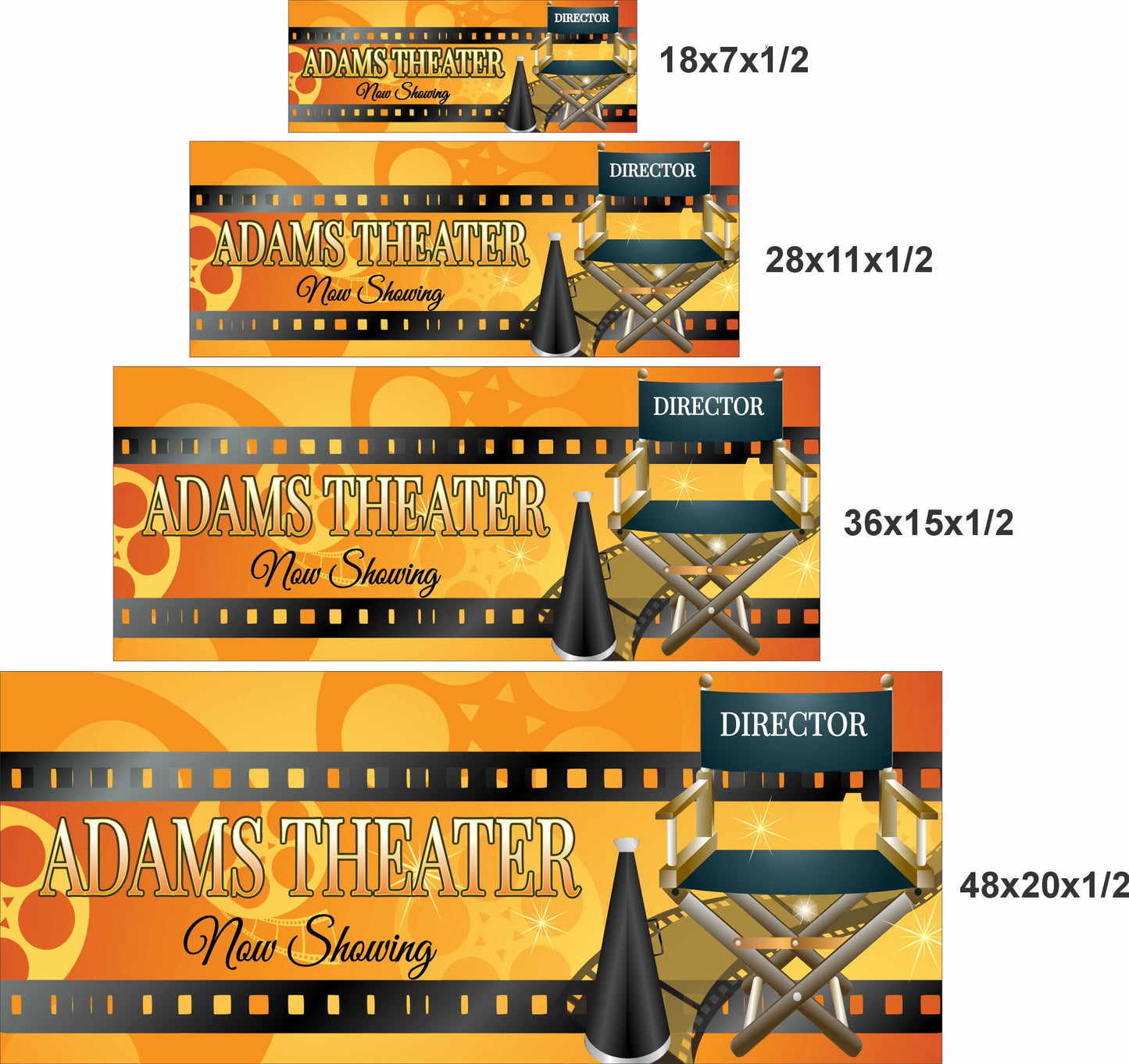 Personalized home theater sign shown in 18x7, 28x11, 36x15, and 48x20 inch sizes